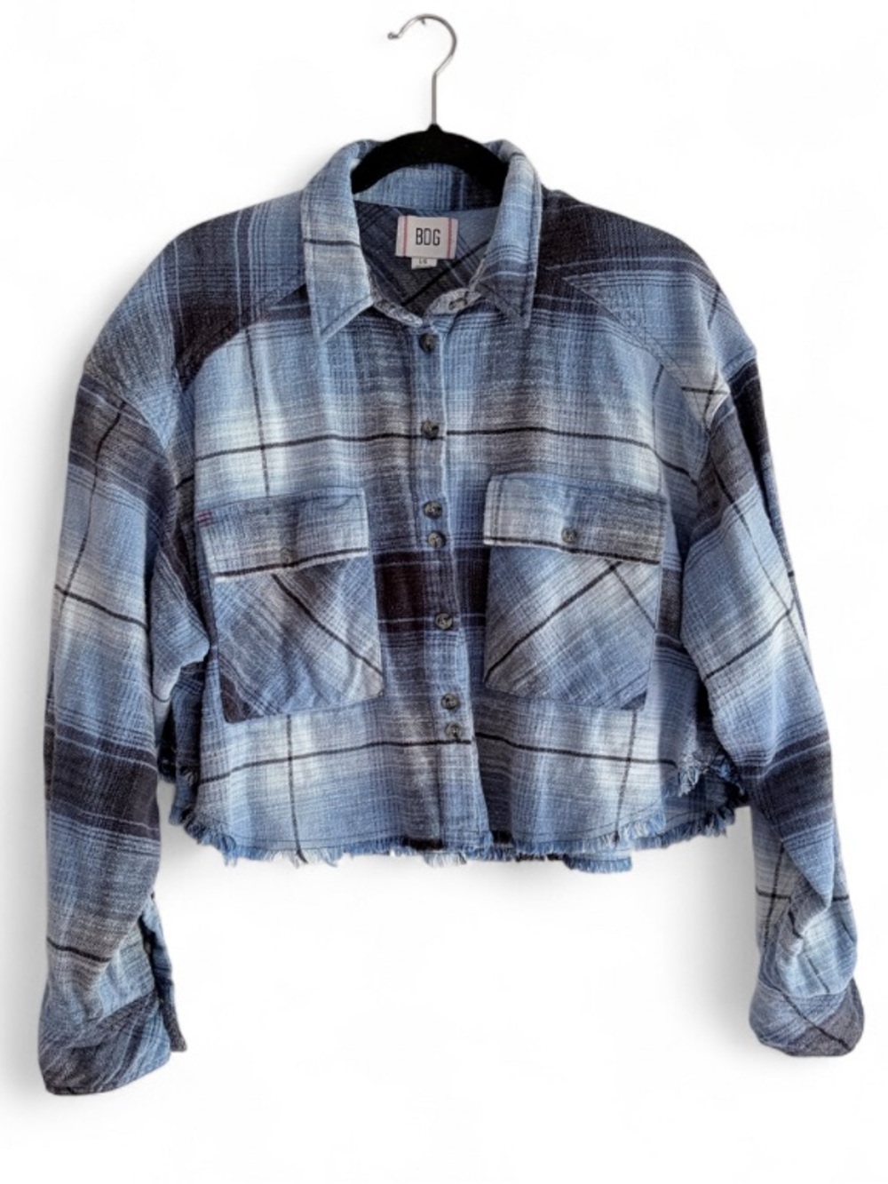 BDG Urban Outfitters Joey Blue Plaid Cropped Oversize Button Down Shirt Size L